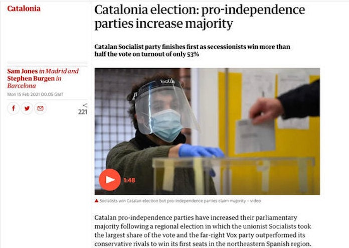 «The Guardian» destaca l'increment de la majoria independentista al Parlament de Catalunya