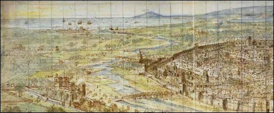 El pont del Real amb tauler de fusta, en la vista de Wijngaerde del 1563