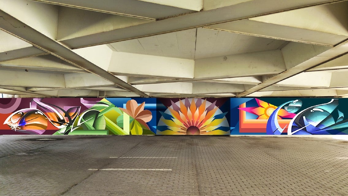 Mural de l'artista Zurik en la base del pont de les Flors