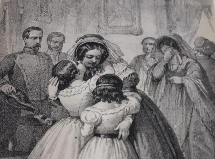 Carlos Mújica, «Maria Cristina s'acomiada de les filles a València en presència del general Espartero», 1871. Litografia