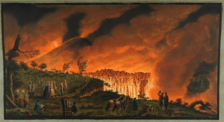 Pietro Fabris, «Vista nocturna d'una colada», 1776-79. Gravat acolorit al tremp