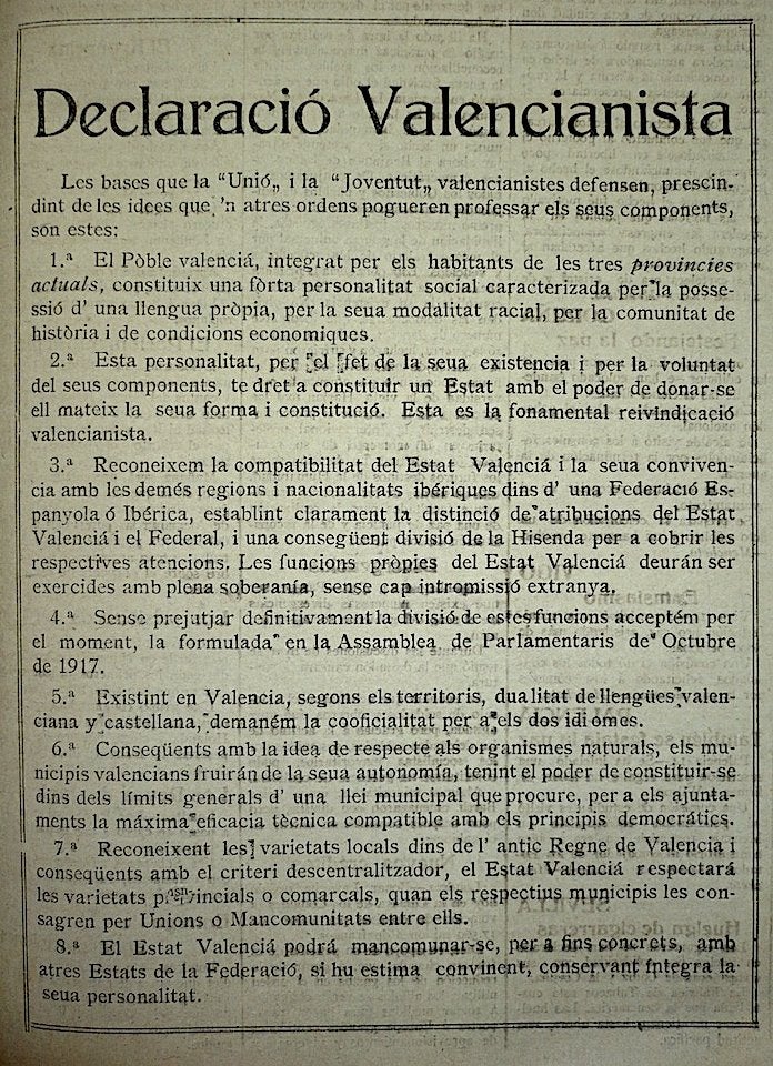 Tal dia com hui del 1918 es va publicar la Declaració Valencianista al diari La Correspondencia de Valencia