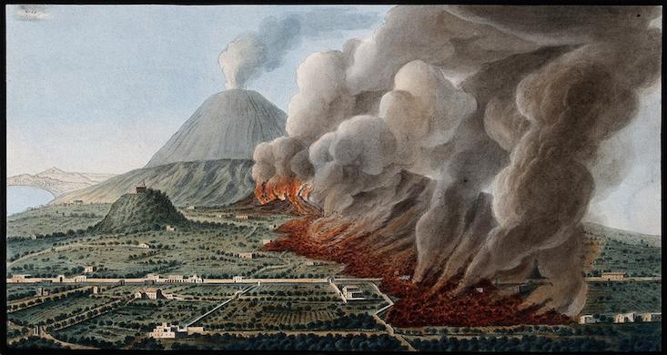 Pietro Fabris, «Una colada del Vesuvi destrueix les terres», 1776. Gravat acolorit al tremp pertanyent a «Campi Phlegraei: Observations on the Volcanos of the Two Sicilies», de William Hamilton