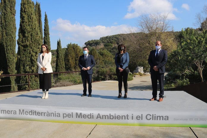 El president del Govern, Pere Aragonès, la consellera d’Acció Climàtica, Teresa Jordà, la consellera d'Emergència Climàtica de la Generalitat Valenciana, Mireia Mollà, i el conseller de Medi Ambient i Territori del Govern de les Illes Balears, Miquel Mir 