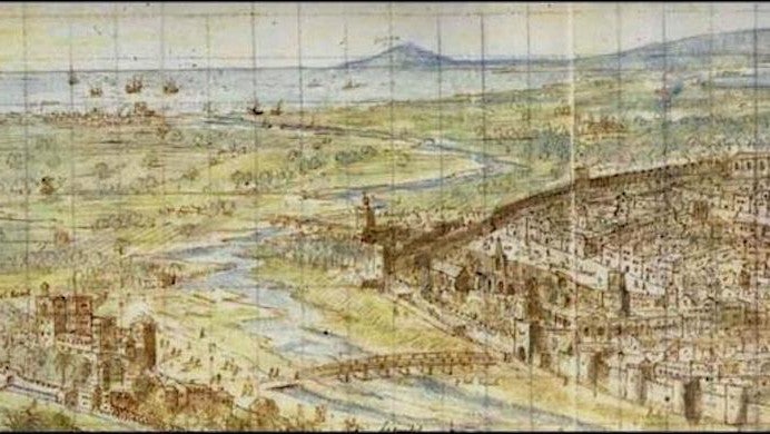El pont del Real amb tauler de fusta, en la vista de Wijngaerde del 1563