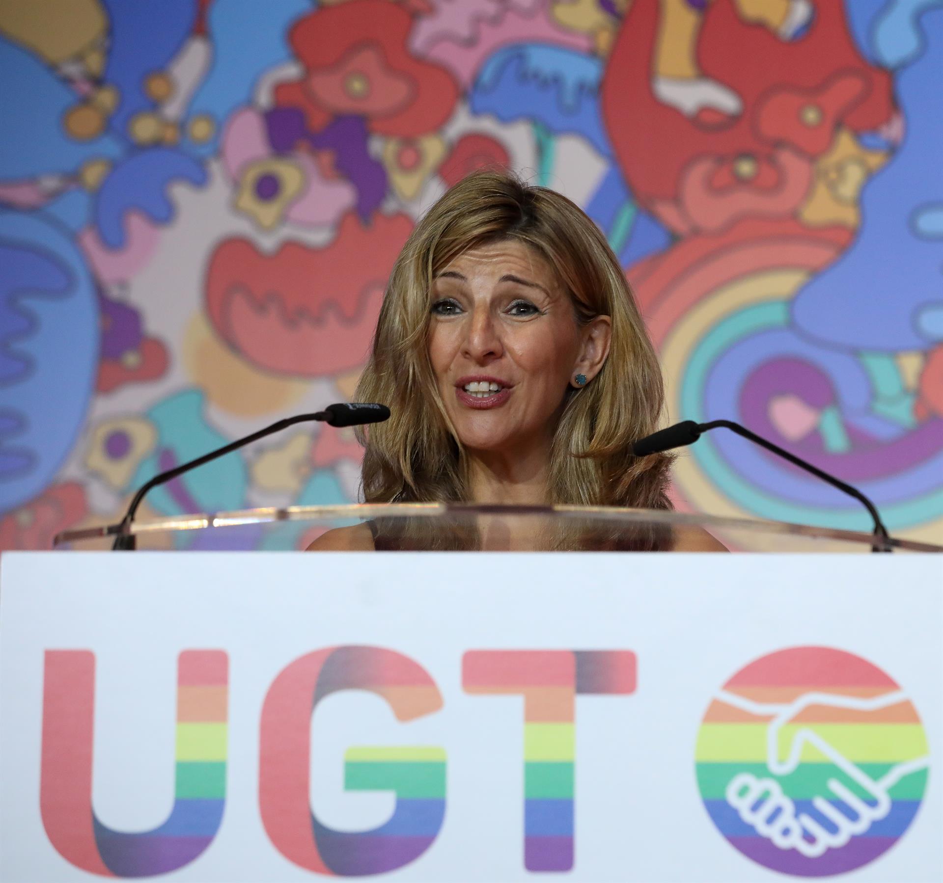 La vicepresidenta segona i ministra de Treball i Economia Social, Yolanda Díaz, en la inauguració de la primera trobada estatal LGTBI+ a Madrid | Marta Fernández | EP