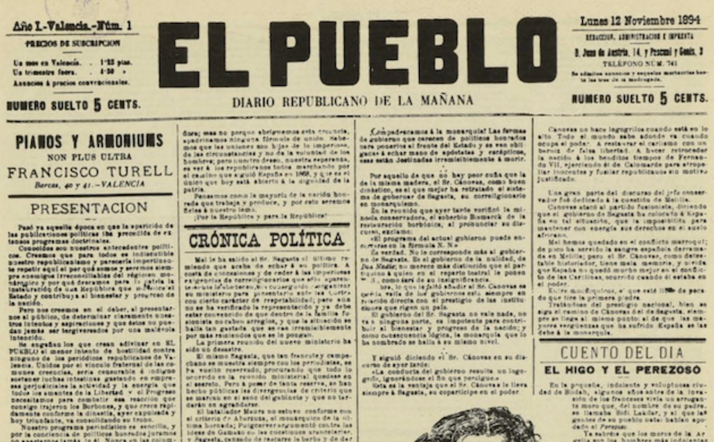 Tal dia com hui del 1894 va eixir al carrer El Pueblo, el diari fundat per Blasco Ibáñez