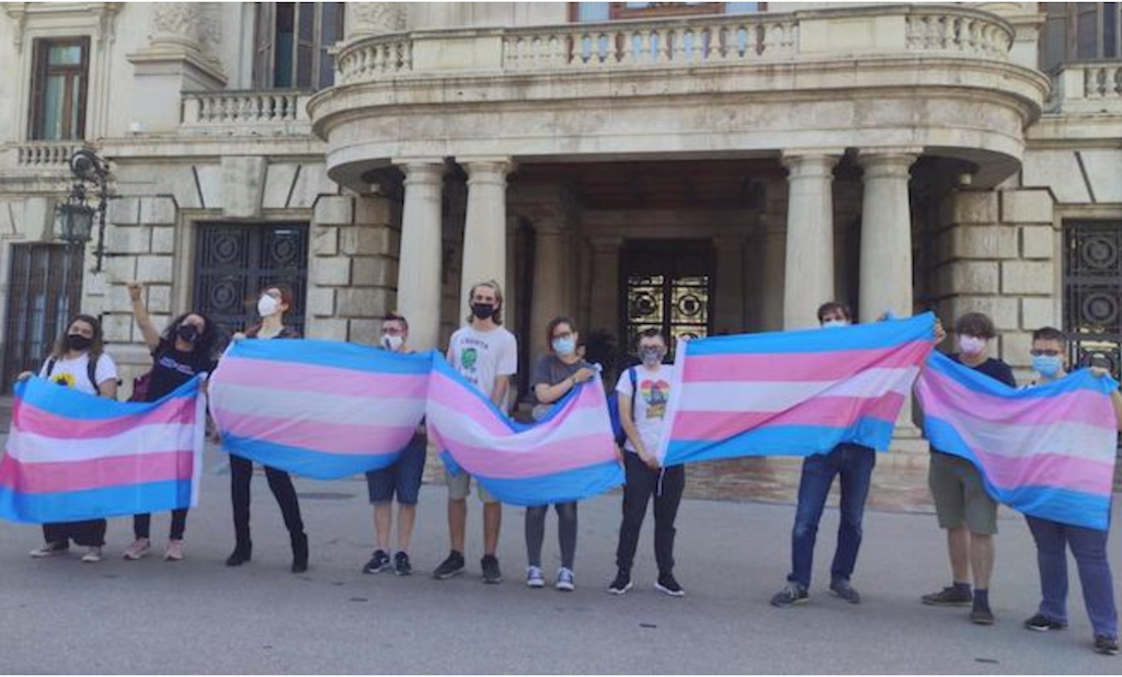 Membres del grup trans de Lambda en una concentració a la Plaça de l'Ajuntament de València el 2021| EP