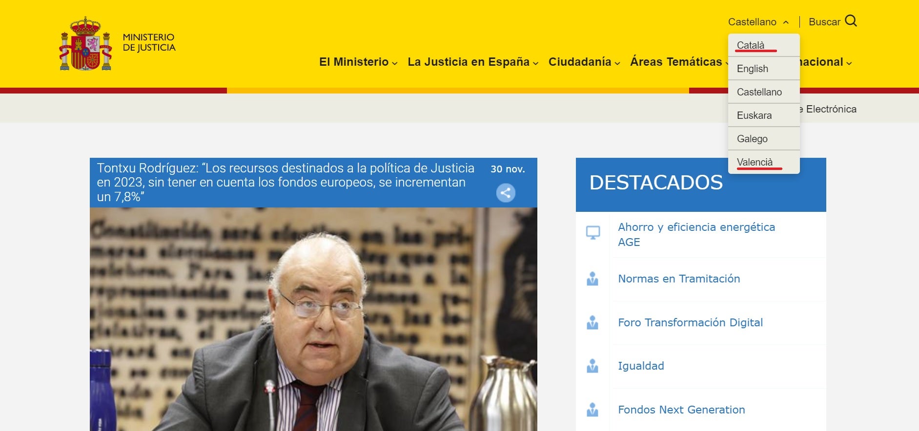 El Ministeri espanyol de justícia diferencia al seu web entre «català» i «valencià»