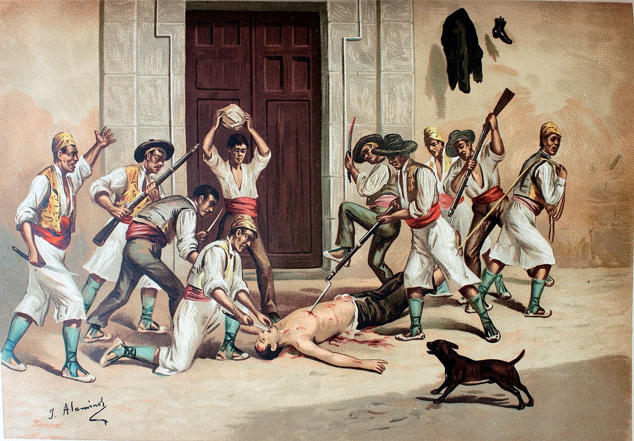 Representació de la mort de Agustí Albors, 'Pelletes', alcalde d'Alcoi, durant la Revolució del Petroli