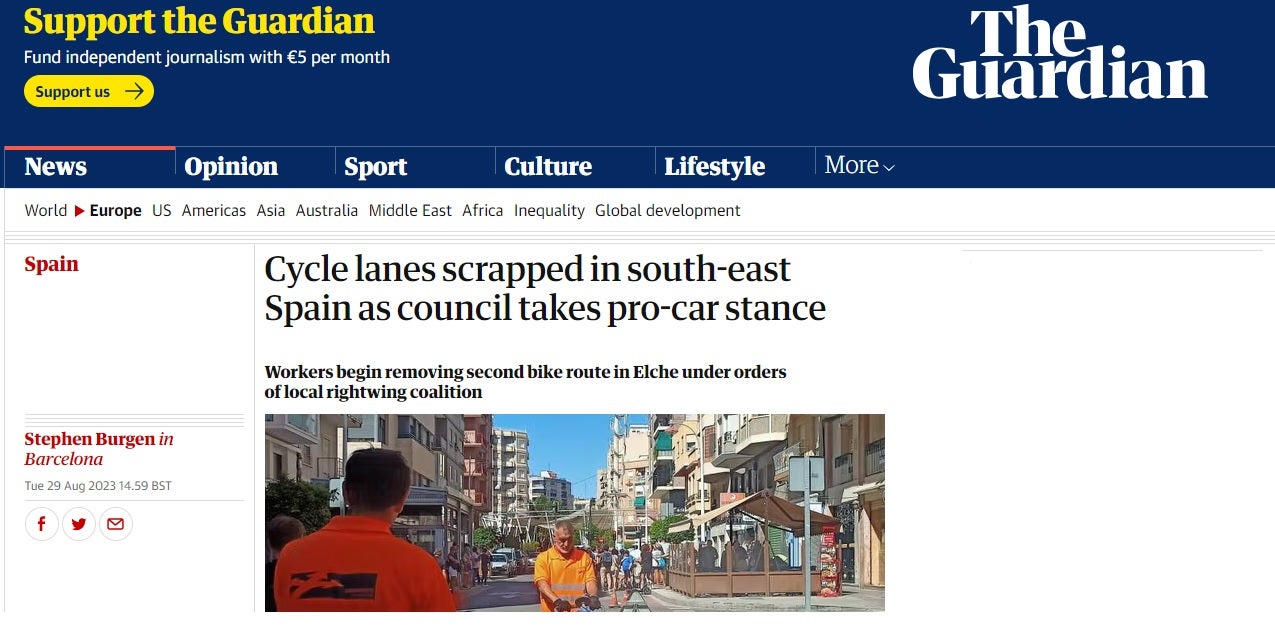 El mitjà britànic «The Guardian» es fa ressò del desmantellament dels carrils bici a Elx