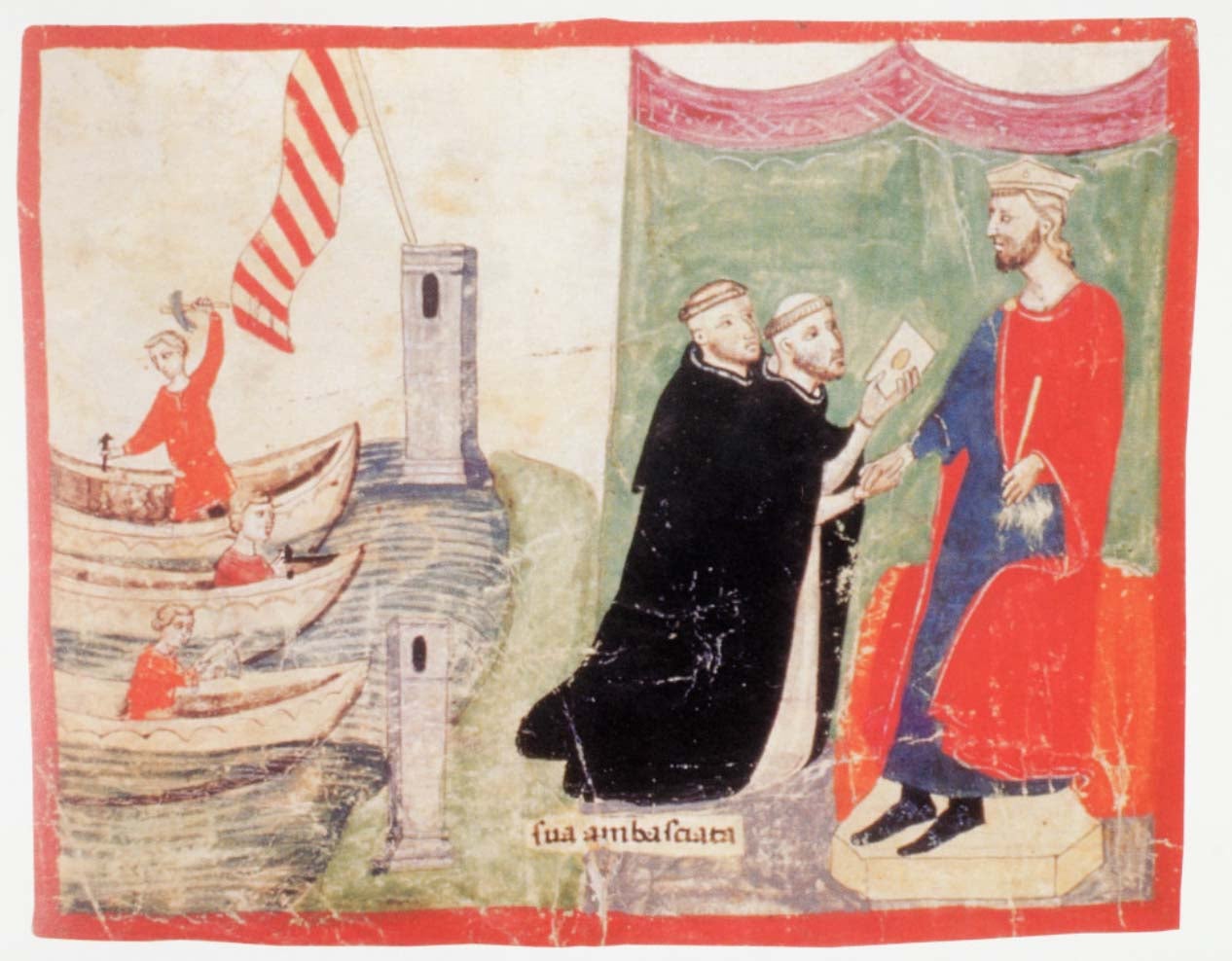 Pere II el Gran rep la visita de dos frares dominics enviats pel papa Martí IV abans de la conquesta de Sicília. Extracte de la «Nuova Cronica», de Giovanni Villani
