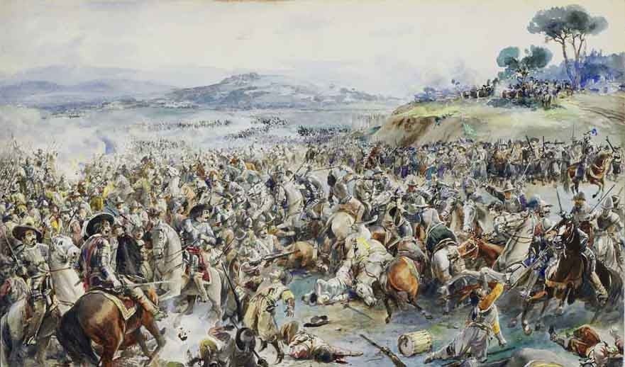 Roque Gameiro, «Batalla de Montes Claros» (segle XVII), en què l'exèrcit portugués va véncer les tropes espanyoles