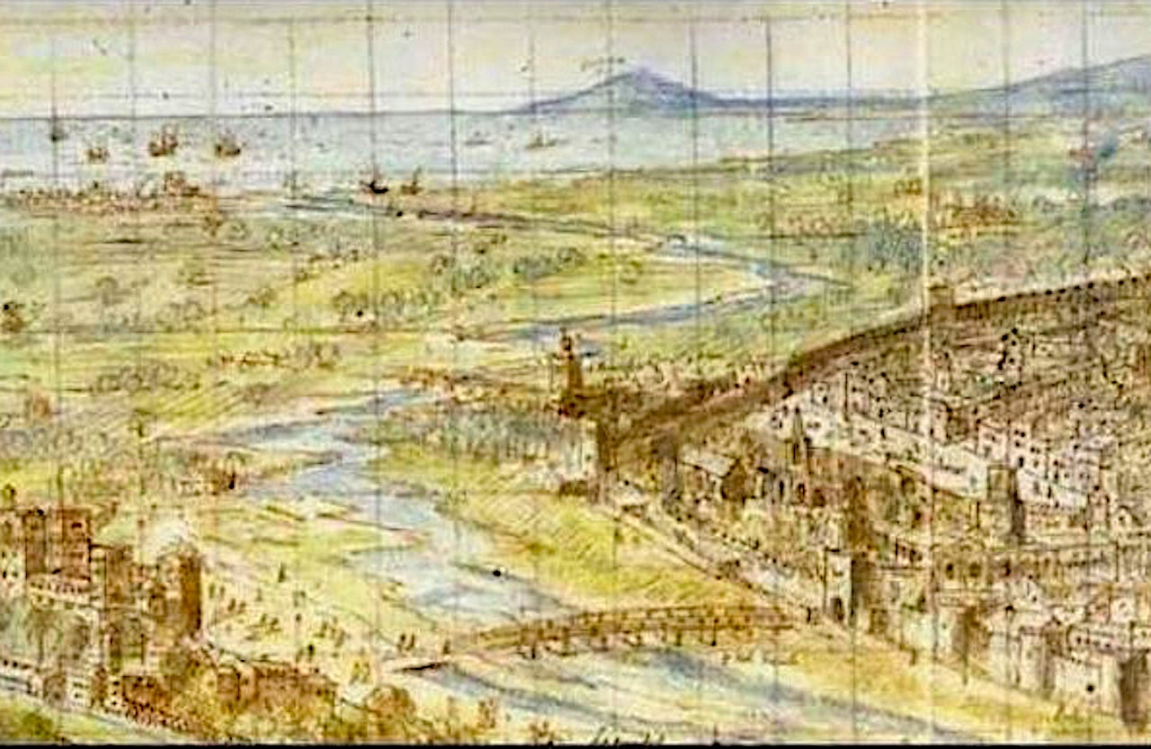 El pont del Real amb tauler de fusta, en la vista de Wijngaerde del 1563