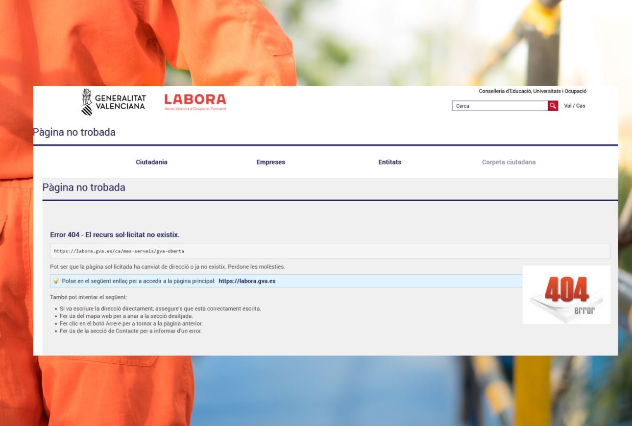 El web de Labora amb l'Error 404 quan s'intenta accedir a alguns apartats