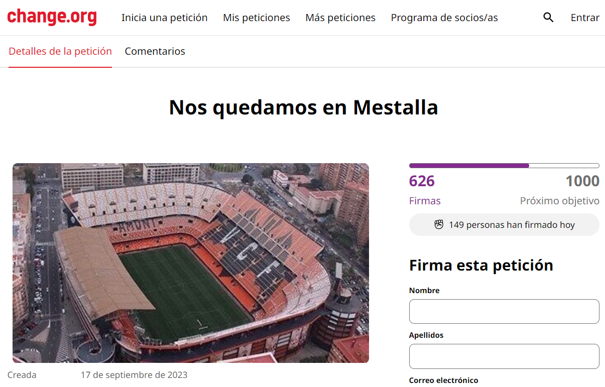Petició a la pàgina de peticions populars perquè el club Xe es quede a l'actual Mestalla | CHANGE.ORG