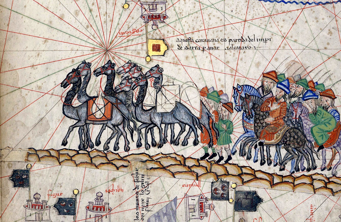Miniatura «Aquesta caravana és partida de l'Imperi de Sarai per anar a Catai» | Wikimedia Commons