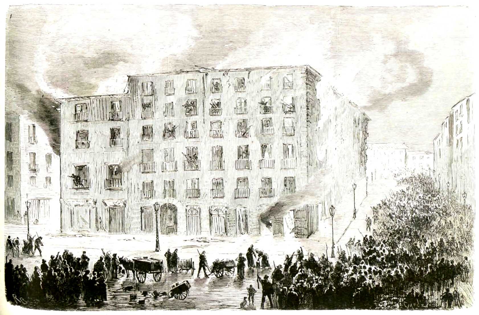 Incendi dels petroliers de la illeta de cases del carrer del Mercat segons La Ilustración Española y Americana