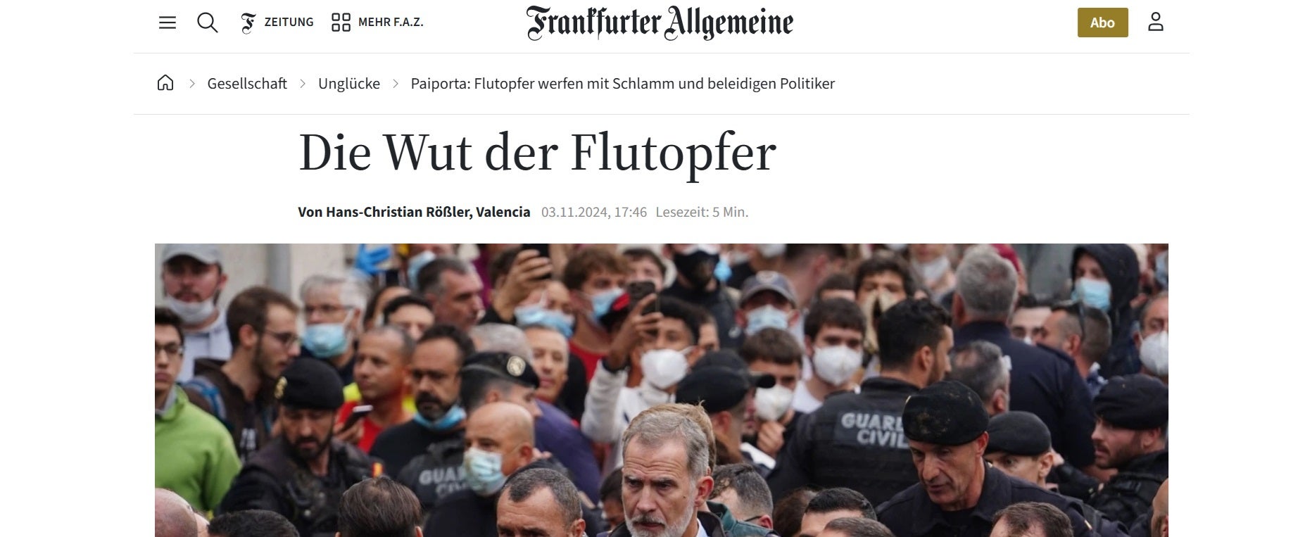 La notícia dels fets de Paiporta al web del diari Frankfurter Allgemeine