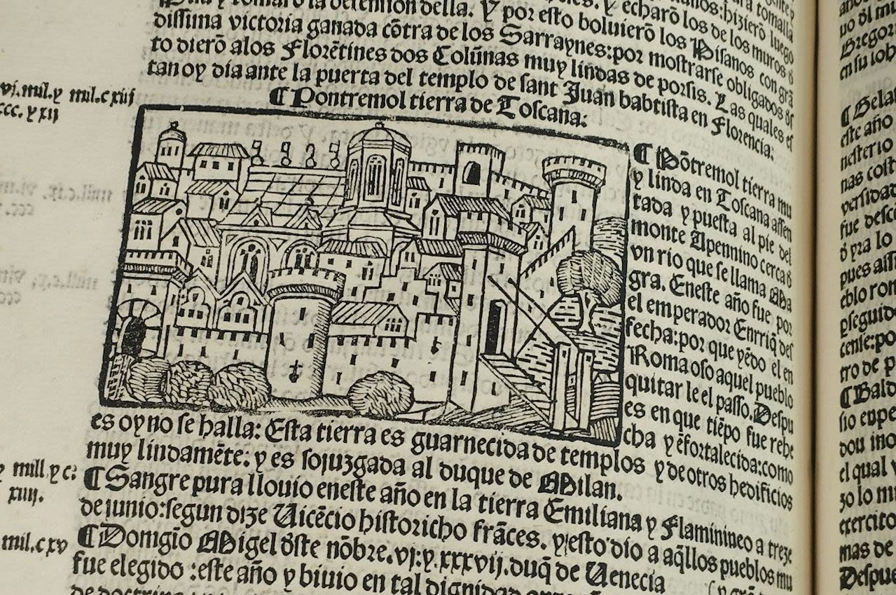 Pàgina de la 'Suma de todas las crónicas del mundo', traducció castellana de Narcís Vinyoles (València, 1510) de la 'Chronica chronicarum' de Giacomo Filippo de Bèrgam, la primera mostra literària de subordinació d'un escriptor catalanòfon al castellà.