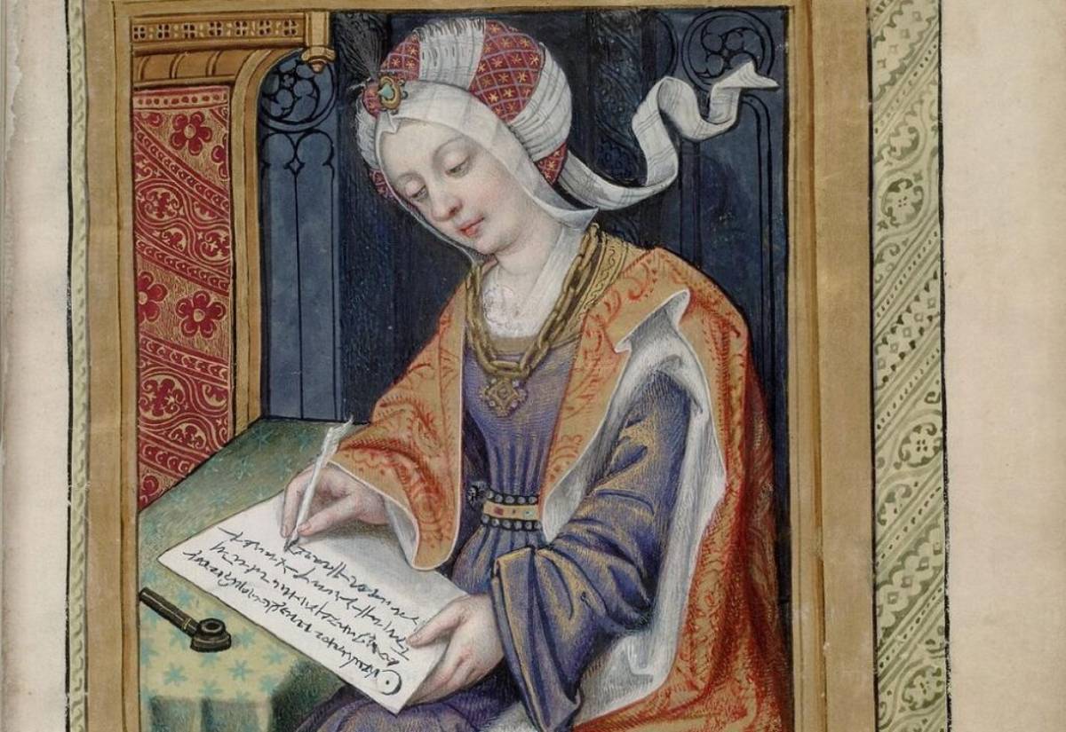 Dona escrivint en la miniatura d'un llibre del segle XV