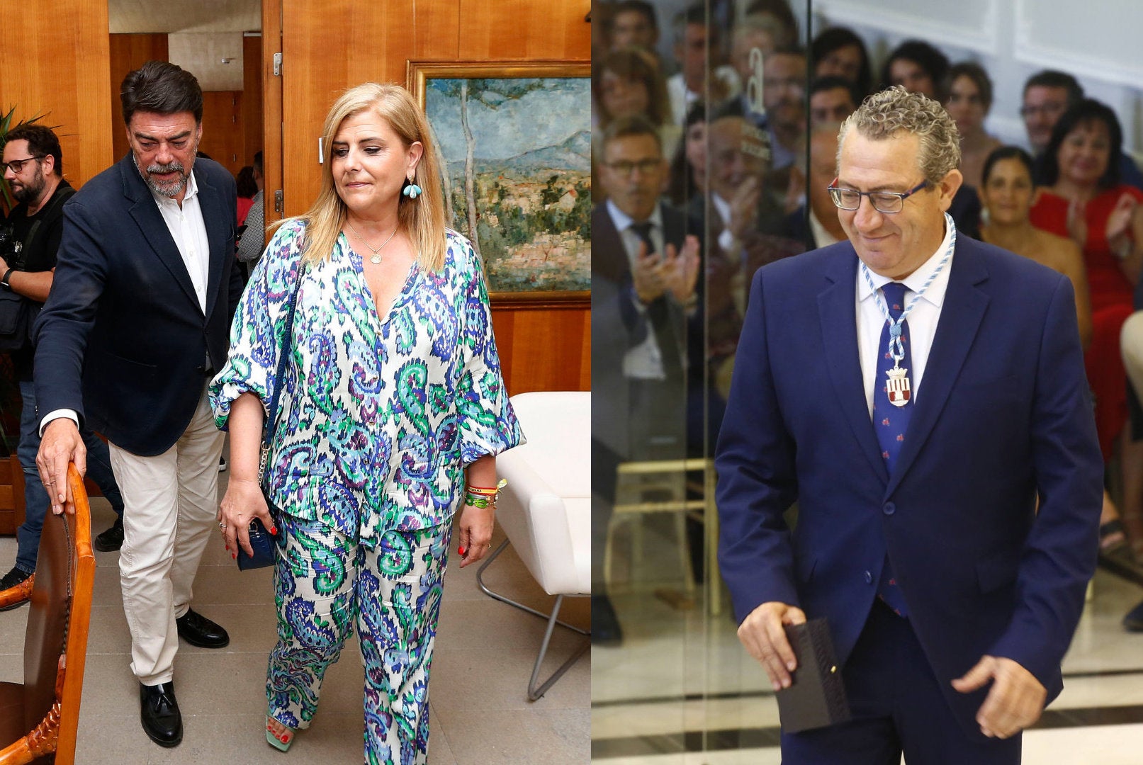 A l'esquerra, l'alcalde d'Alacant, Luis Barcala, al costat de la portaveu de Vox a l'Ajuntament de la ciutat, Carmen Robledillo. A la dreta, el president de la Diputació d'Alacant, Toni Pérez | EP