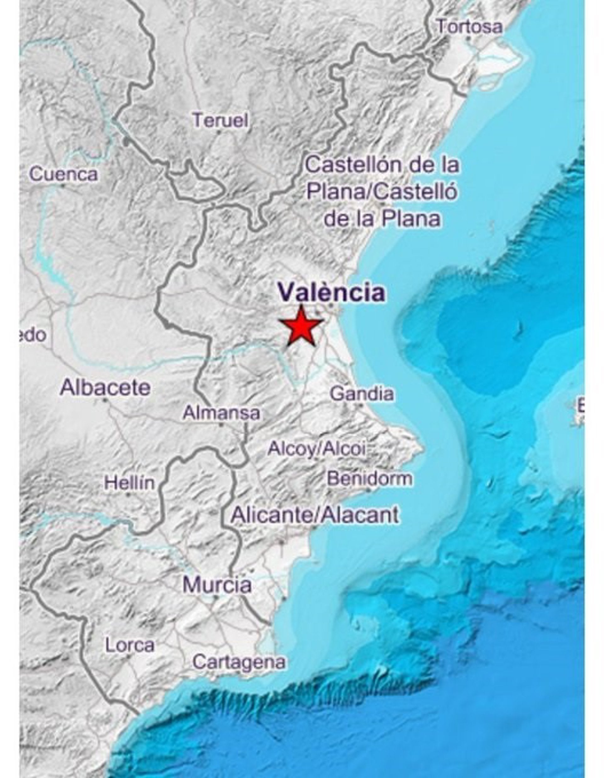 Mapa de l'ING amb la ubicació de l'epicentre del terratrémol