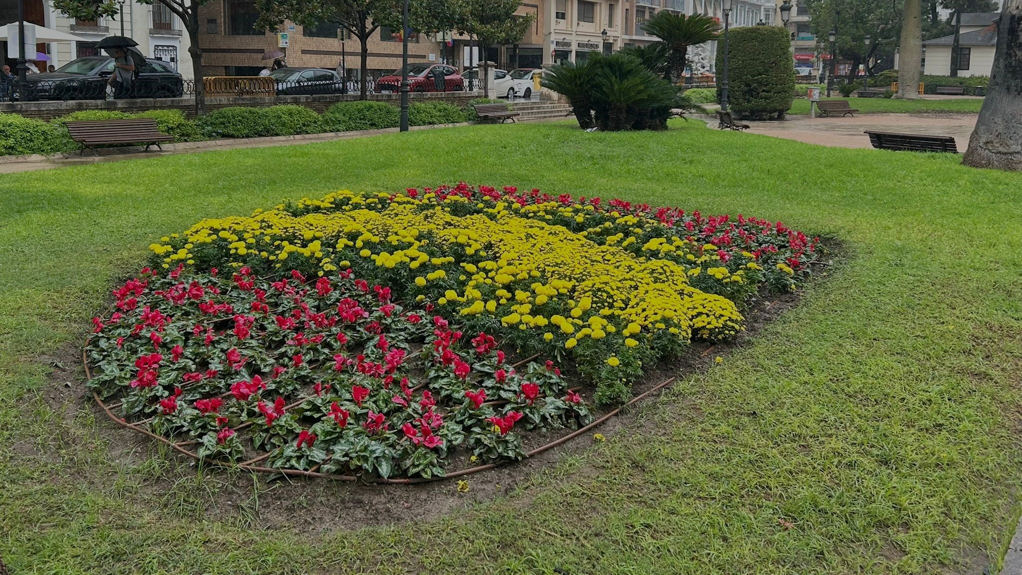 Bandera espanyola feta amb crisantems al Jardí del Parterre de València