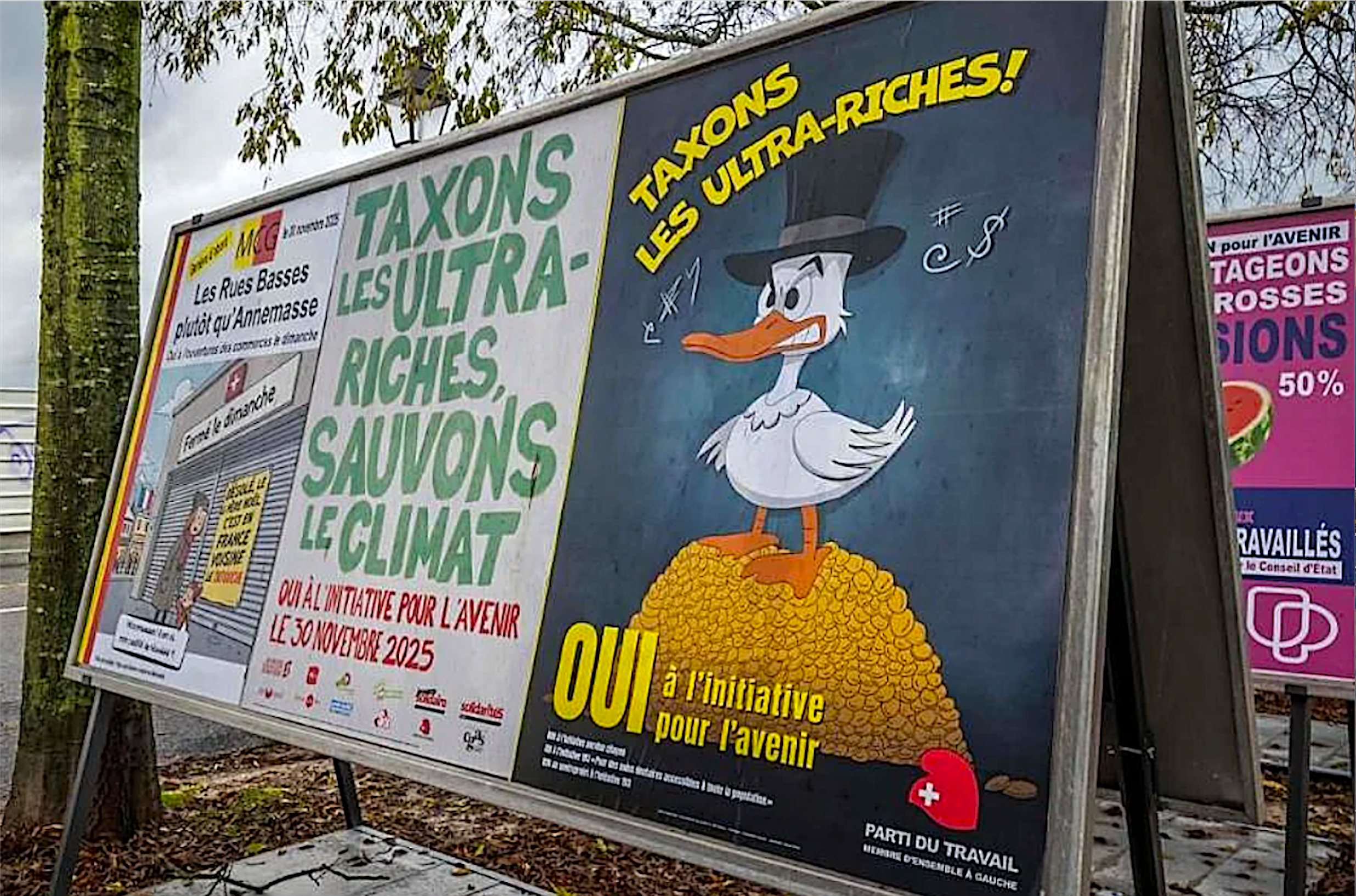 Cartells a Suïssa de la campanya a favor de l'impost del 50% a les grans fortunes per a combatre el canvi climàtic