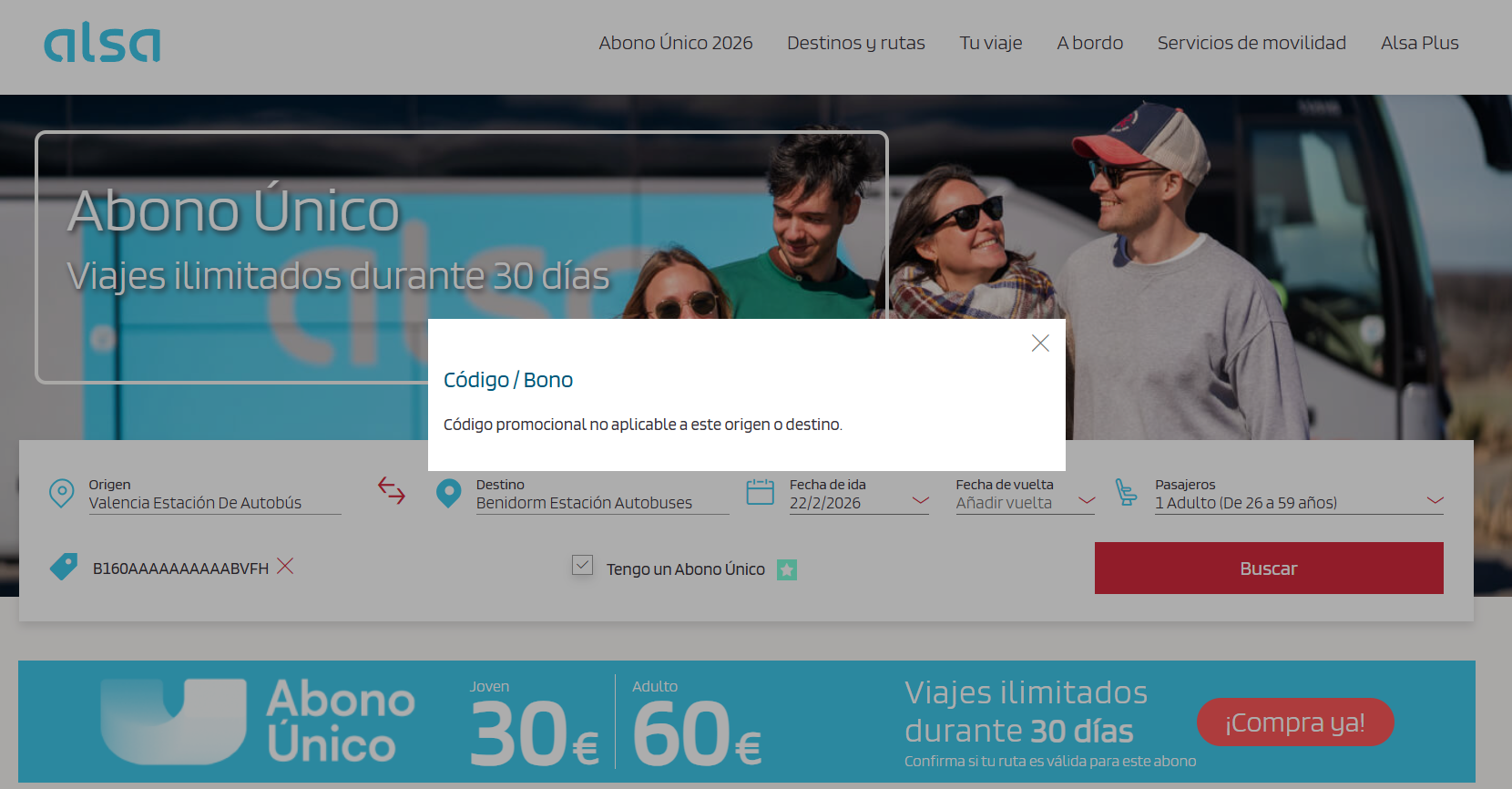 Pàgina web d'Alsa quan es sol·licita viatjar entre València i Dénia, Muro d'Alcoi o Benidorm.