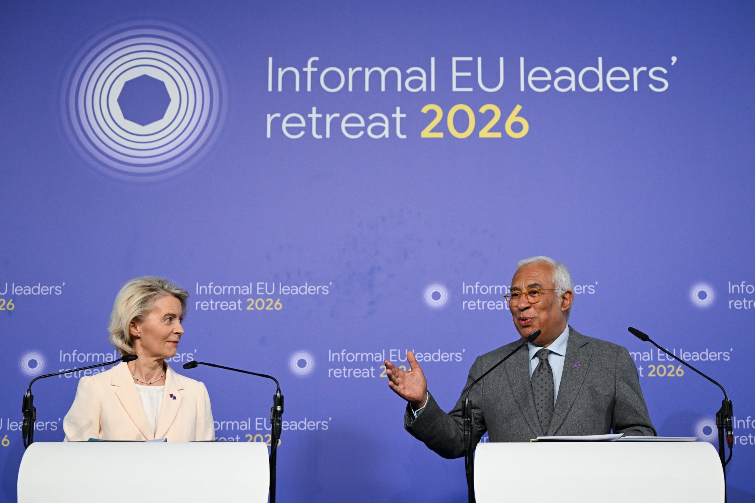 La presidenta de la Comissió Europea, Ursula Von der Leyen, i el president del Consell Europeu, António Costa, en la roda de premsa posterior a la cimera informal de líders europeus, 12 de febrer del 2026 | ACN

Localització: Alden Biesen

