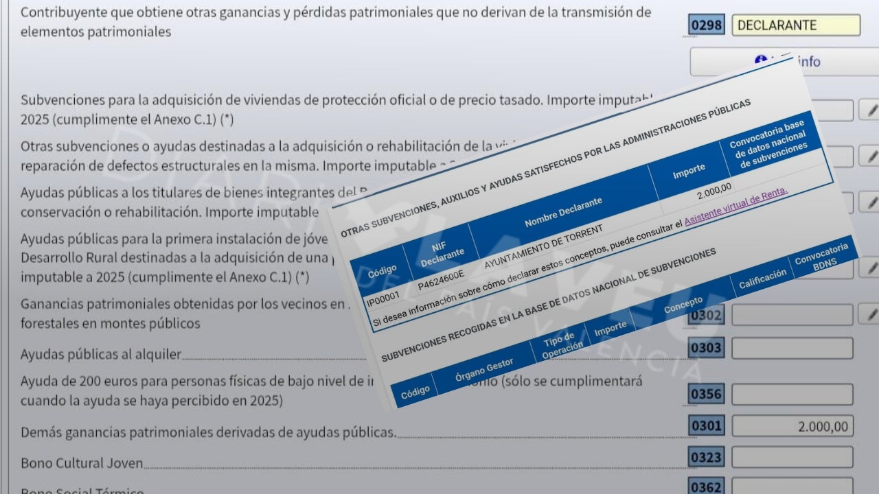 Captures d'esborrany de la declaració de la renda i de la notificació d'ajuda per part de l'Ajuntament de Torrent dins el web de l'Agència Tributària