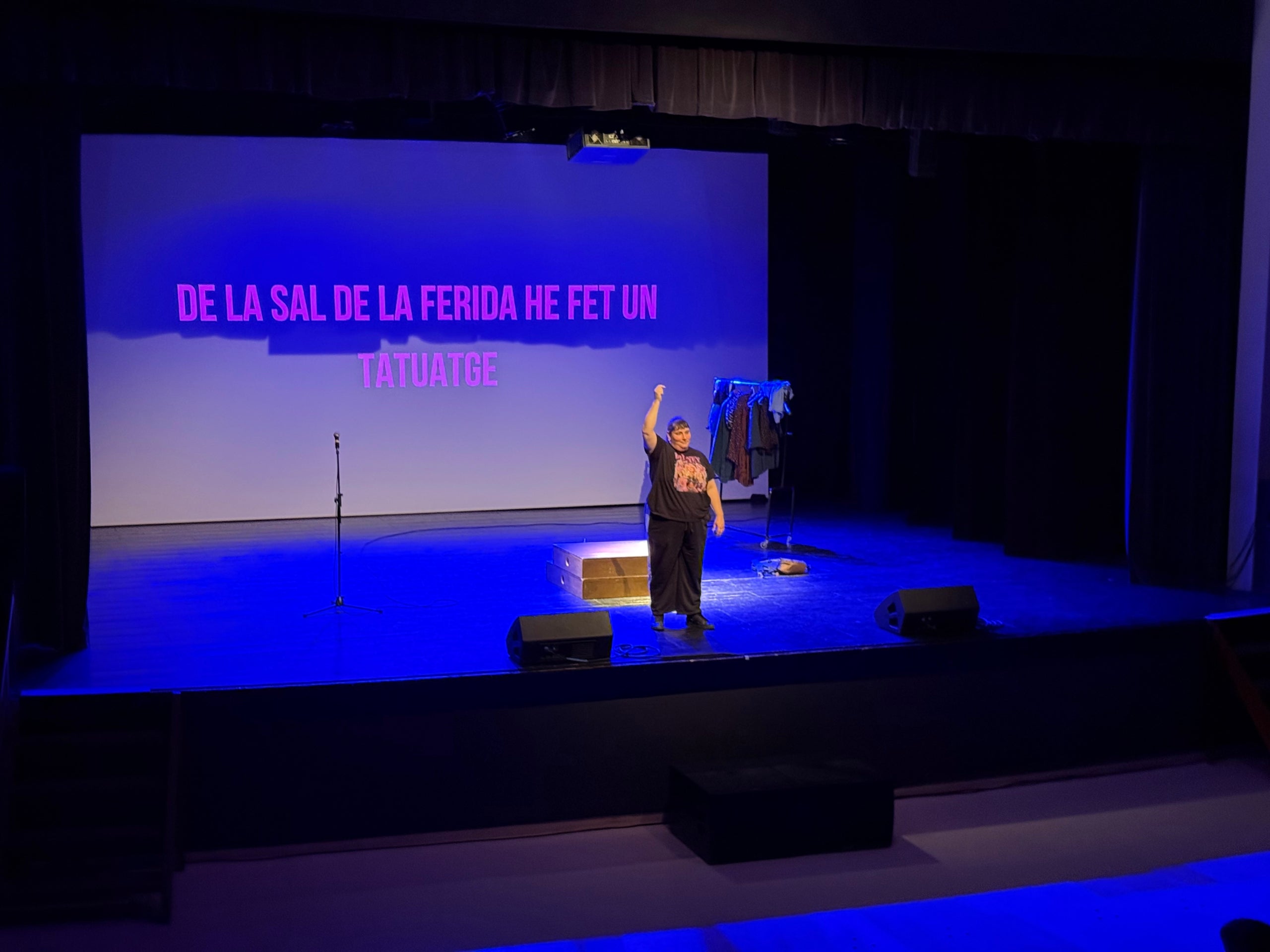 Moment del monòleg poètic 'De la sal de la ferida n'he fet un tatuatge' de la companyia Teatre Sense Concessions, estrenada a la 19a Fira Litterarum de Móra d'Ebre  | Ariadna Escoda | ACN