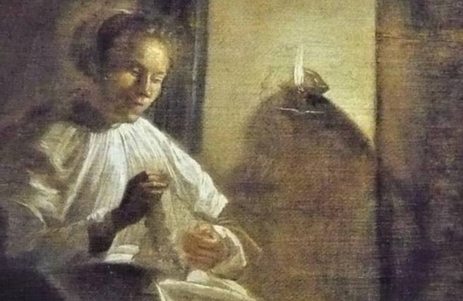 Judith Leyster, 'Dona cosint a la llum d'una candela' (detall), 1633