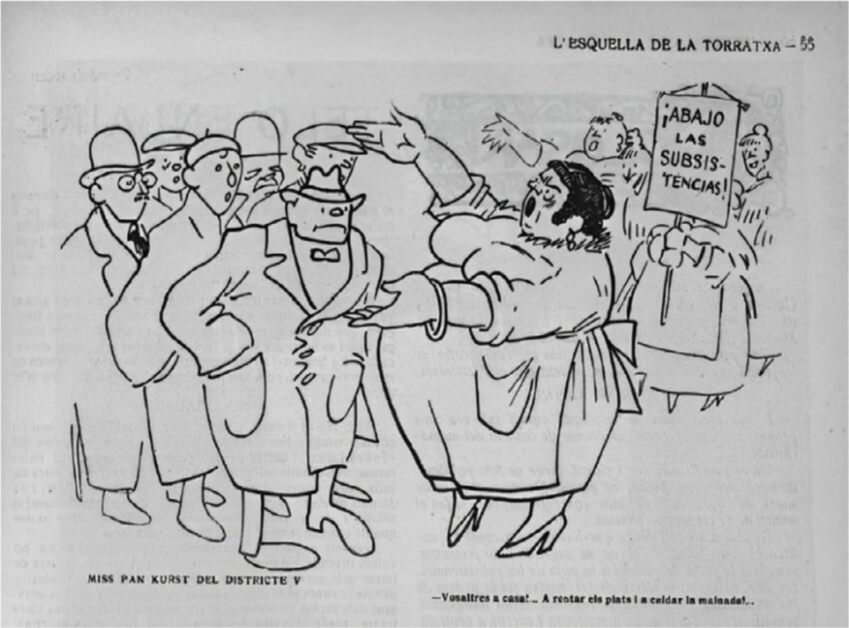 Amàlia Alegre caricaturitzada per l'Esquella de la Torratxa com la 'Miss Pan Kurst del Districte V', una referència a la líder sufragista anglesa Emmeline Pankhurst