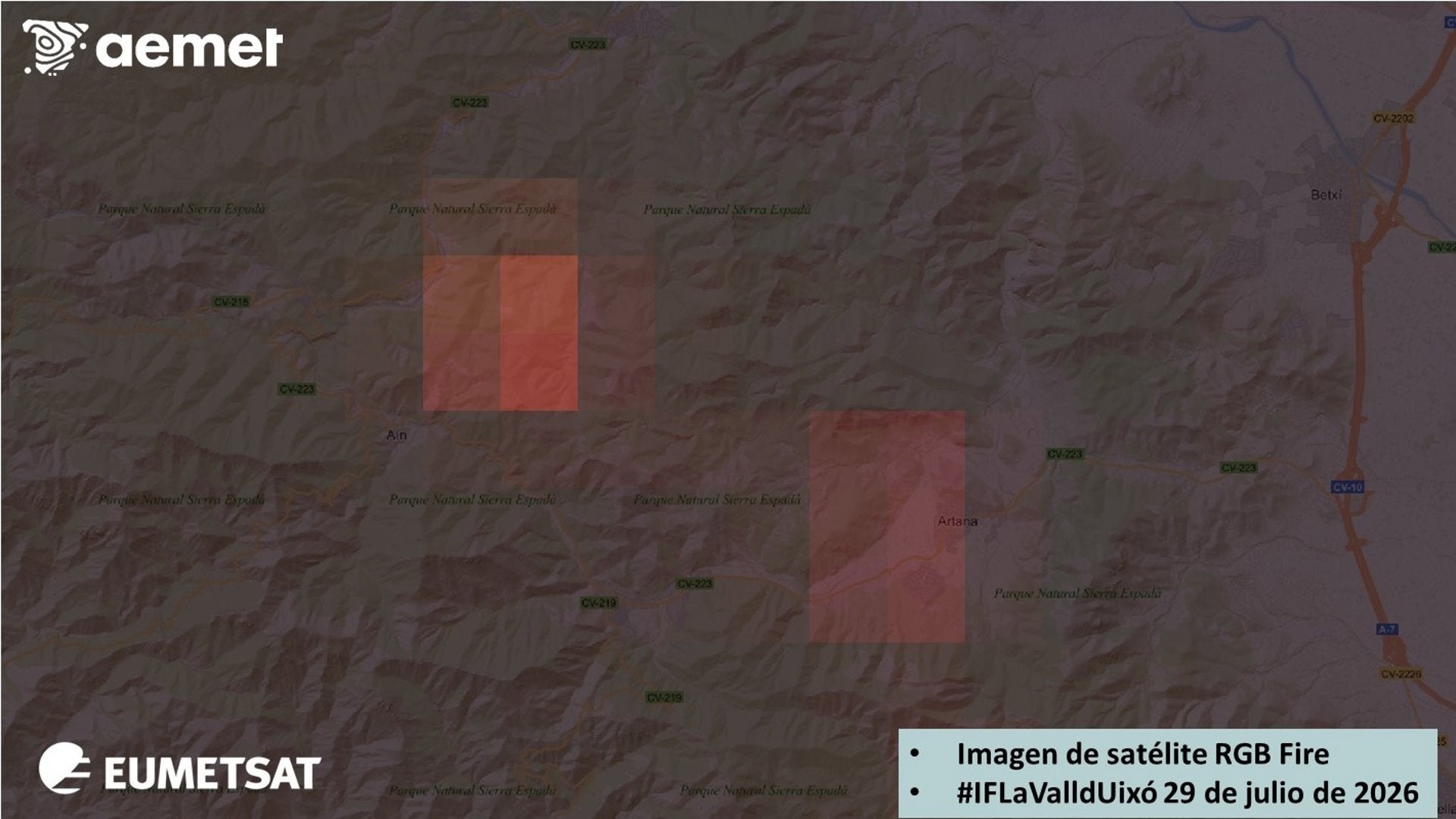 Els punts calents de l'incendi de la Vall d'Uixó registrats pel satèl·lit Meteosat