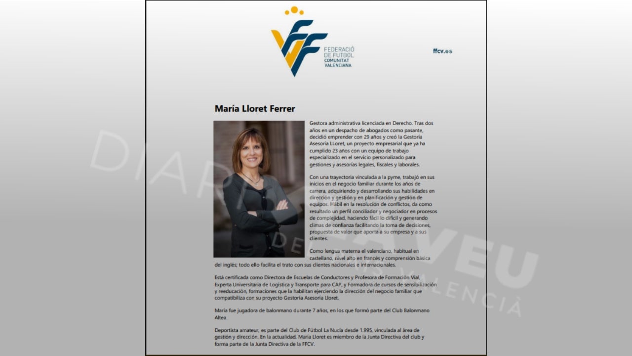 CV amb el que es presentava Maria Lloret Ferrer com a vocal de la directiva de la FFCV
