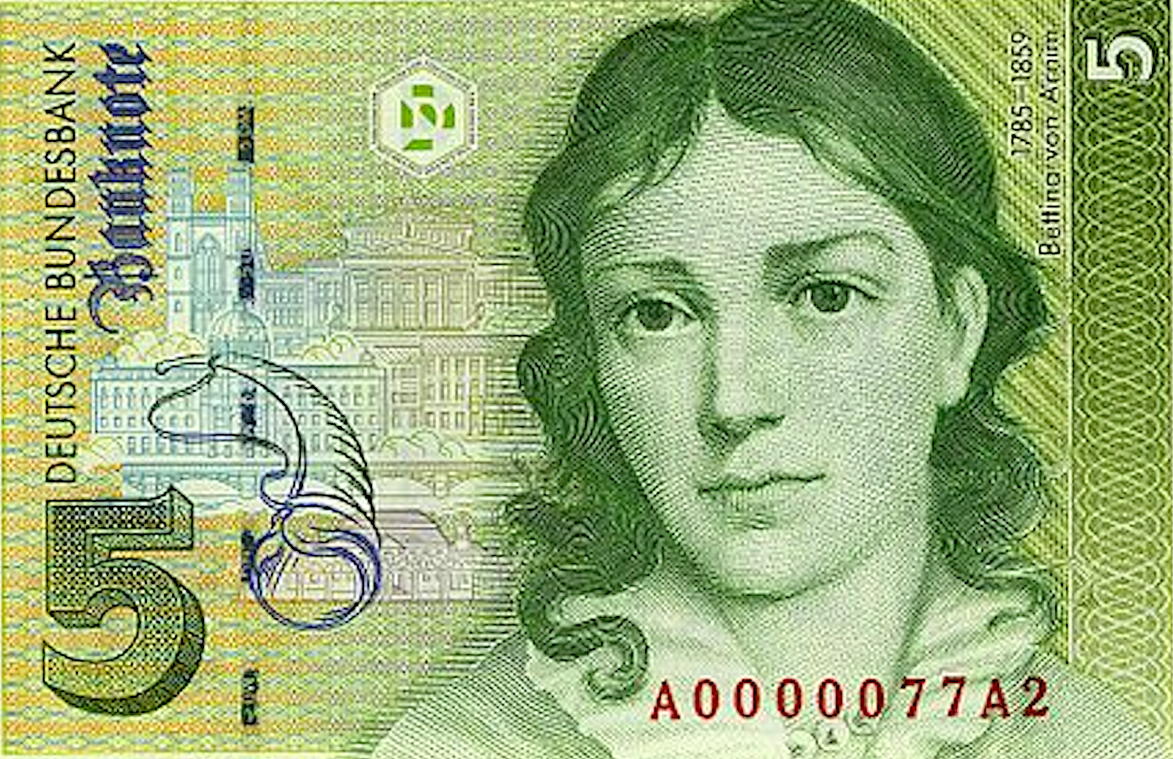 Bitllet de 5 marcs alemanys amb la imatge de Bettina von Armin, Deutsche Bundesbank, Frankfurt, 1991