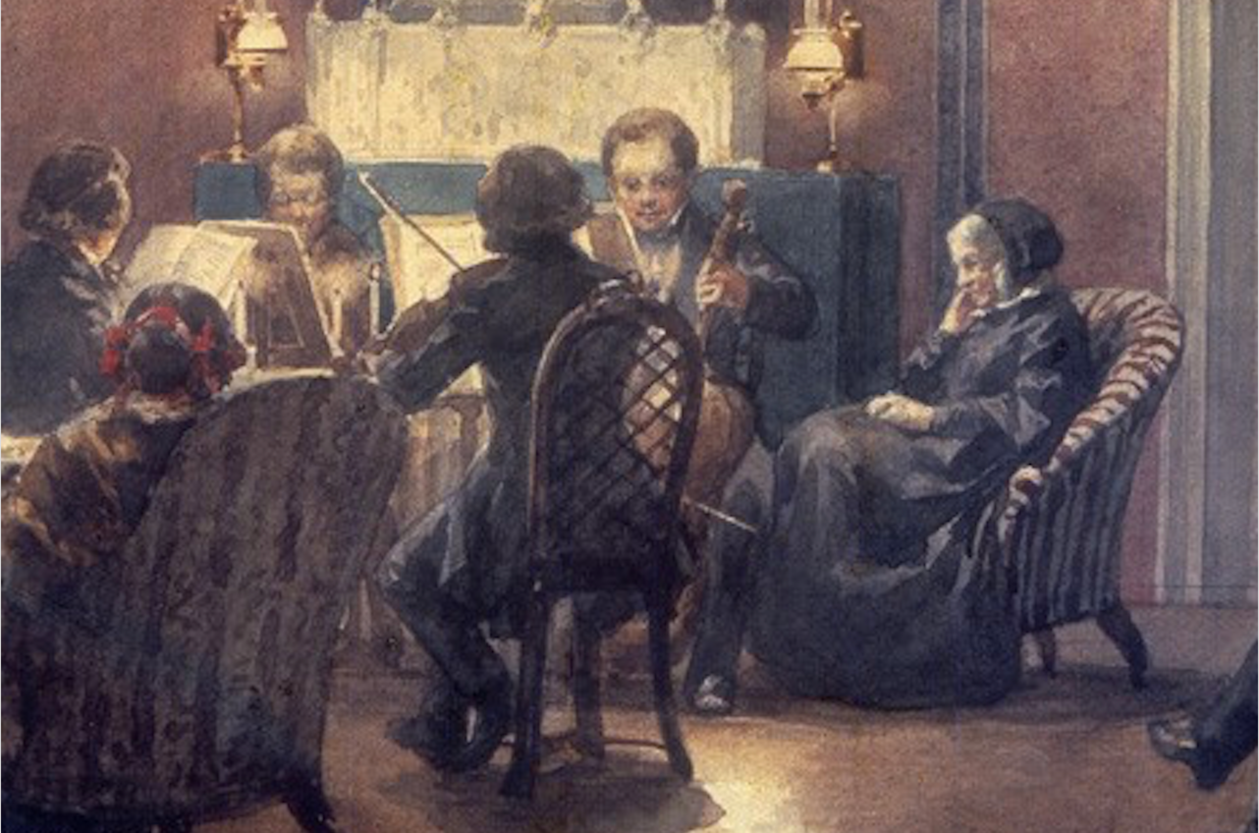 Carl Johann Arnold, 'Quartet de corda tocant a la casa de Bettina von Arnim a Berlin' (detall), 1856