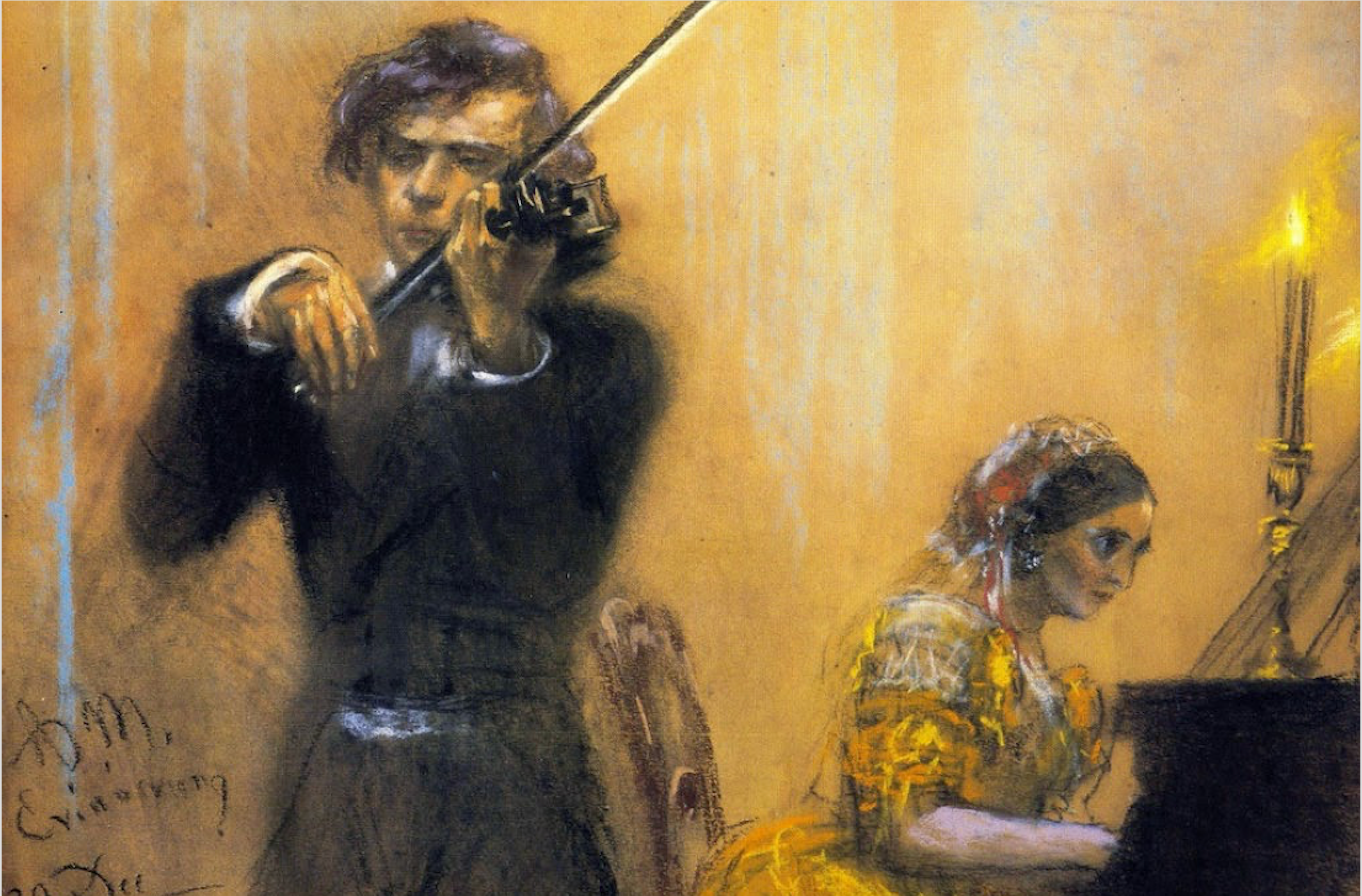 Adolph von Menzel, 'Clara Schumann i Joseph Joachim en concert' (detall), 1854. Pastel sobre paper