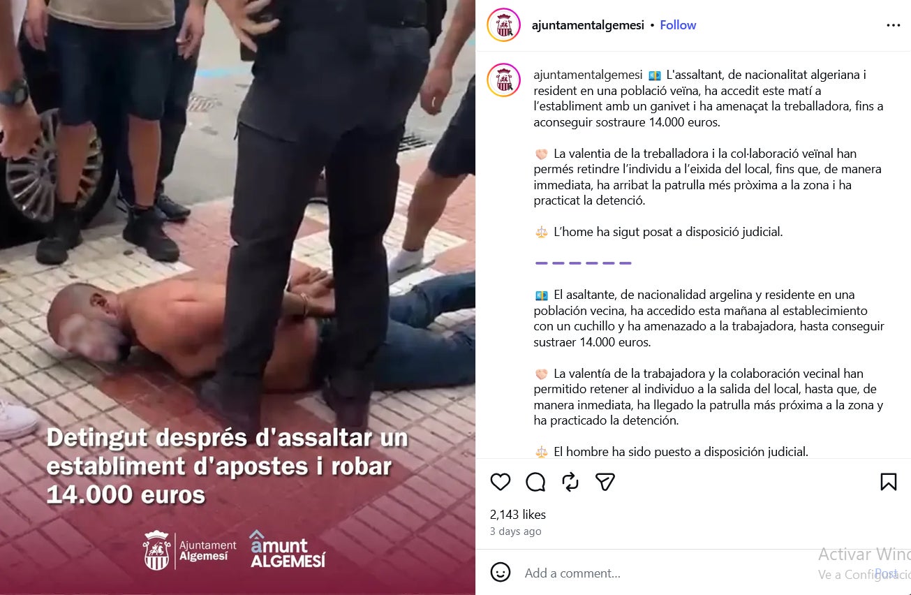 Captura de l'Instagram de l'Ajuntament d'Algemesí amb la notícia biaix racista