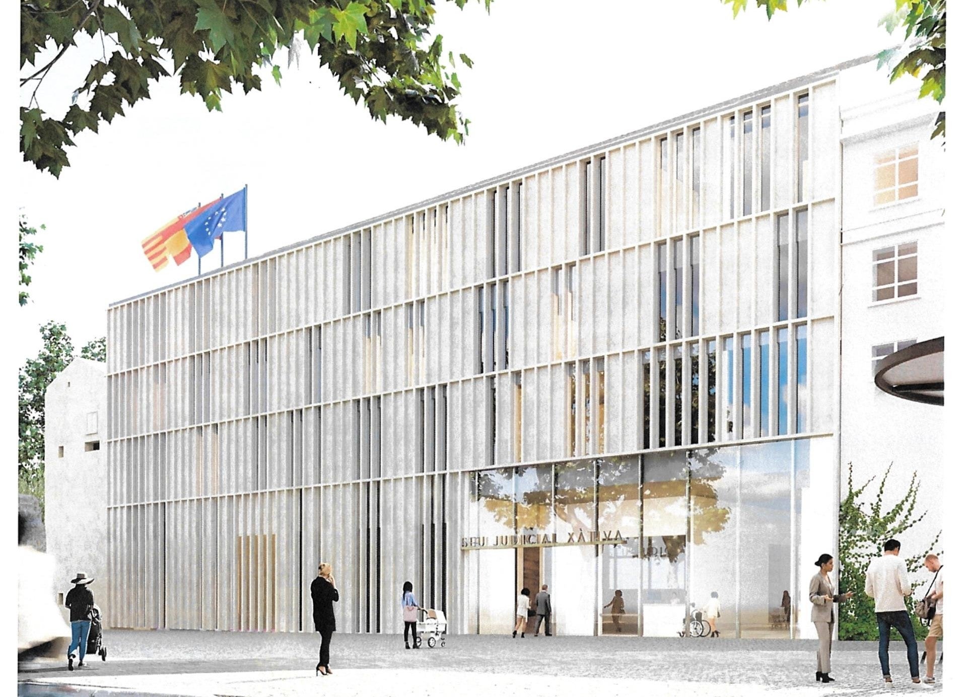 Figuraciò de la que seria la façana principal del nou Palau de Justícia de Xàtiva.
